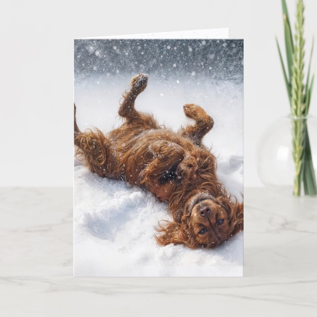 Christmas Irish Setter Making a Snow Angel Holiday Card (Front)
