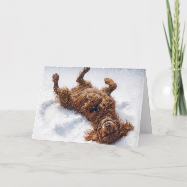 Christmas Irish Setter Making a Snow Angel Holiday Card (Front)