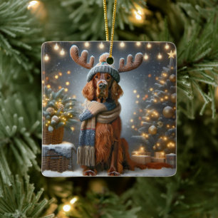 Christmas Irish Setter With Reindeer Antlers Ceramic Ornament