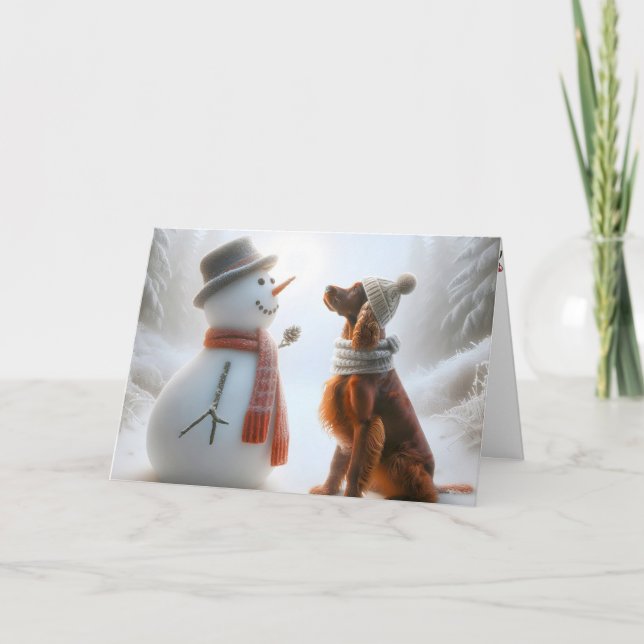 Christmas Irish Setter With Snowman Card (Front)