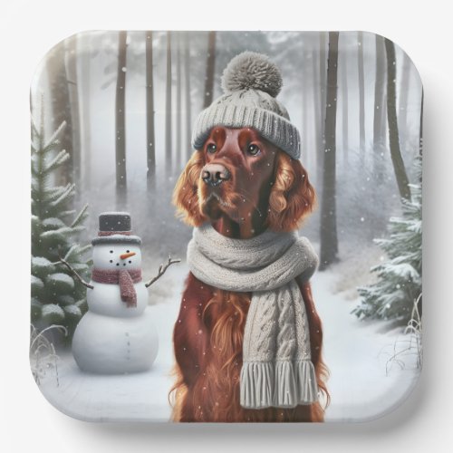 Christmas Irish Setter With Snowman Paper Plates