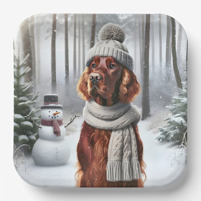Christmas Irish Setter With Snowman Paper Plates (Front)