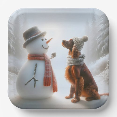 Christmas Irish Setter With Snowman Paper Plates