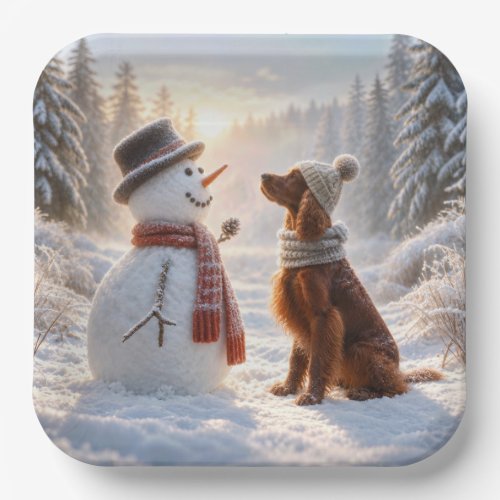 Christmas Irish Setter With Snowman Paper Plates