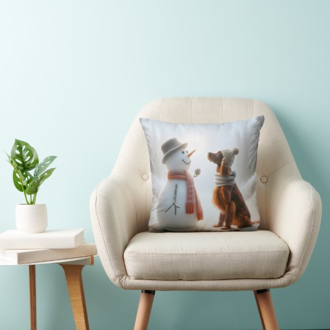Christmas Irish Setter With Snowman Throw Pillow (Chair)