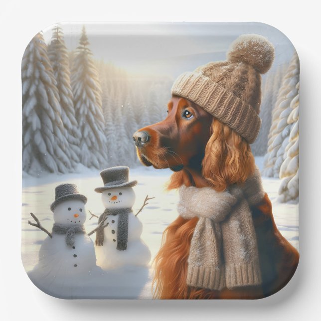 Christmas Irish Setter With Snowmen Paper Plates (Front)