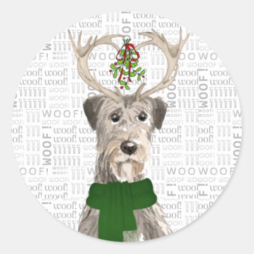 Christmas Irish Wolfhound and Woof Art Dog Lover Classic Round Sticker