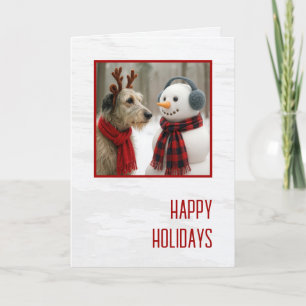 Christmas Irish Wolfhound Gazing at a Cute Snowman Card