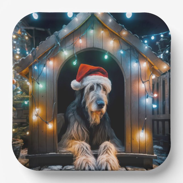 Christmas Irish Wolfhound In a Doghouse Paper Plates (Front)