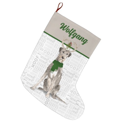 Christmas Irish Wolfhound with Dogs Name Large Christmas Stocking