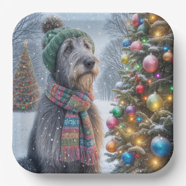 Christmas Irish Wolfhound With Tree Paper Plates (Front)
