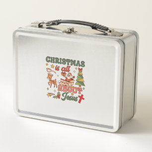 Christmas Is All About Jesus Santa Sleigh Reindeer Metal Lunch Box