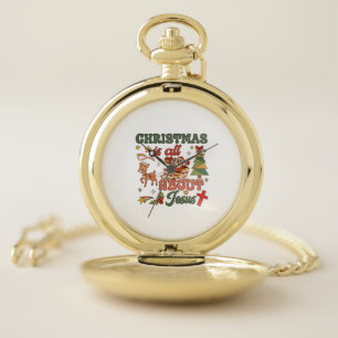 Christmas Is All About Jesus Santa Sleigh Reindeer Pocket Watch
