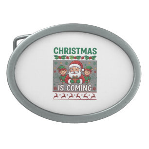 Christmas Is Coming Santa Claus Elves Reindeer Belt Buckle