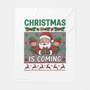Christmas Is Coming Santa Claus Elves Reindeer Fleece Blanket