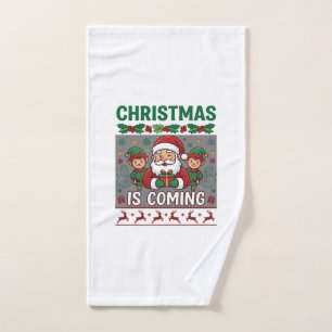 Christmas Is Coming Santa Claus Elves Reindeer Hand Towel