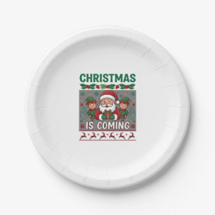 Christmas Is Coming Santa Claus Elves Reindeer Paper Plates