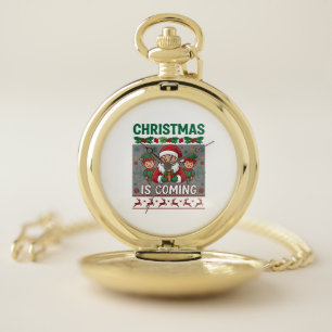 Christmas Is Coming Santa Claus Elves Reindeer Pocket Watch