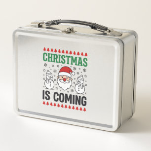 Christmas Is Coming Santa Snowman Design Metal Lunch Box