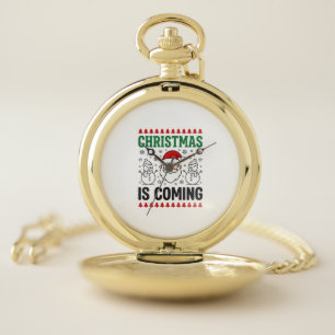 Christmas Is Coming Santa Snowman Design Pocket Watch
