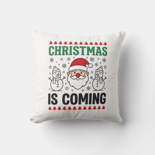 Christmas Is Coming Santa Snowman Design Throw Pillow