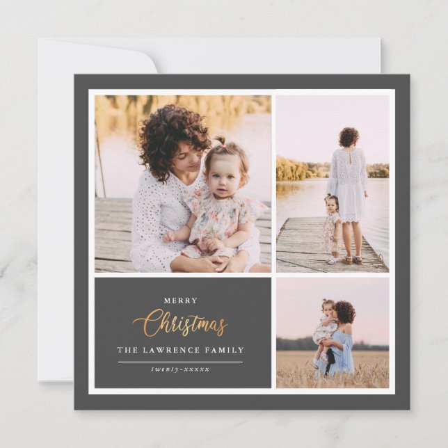 Christmas is Gold | Gray Modern 3 photo collage Holiday Card (Front)