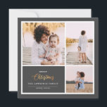 Christmas is Gold | Gray Modern 3 photo collage Holiday Card<br><div class="desc">This simple and elegant holiday design features three of your favorite personal photos and the word "Christmas" in handwritten script text with gold effect over a gray Background. Minimal and elegant with photo collage and faux shiny effect, this design is impressive and eye-catching! Easily add your best photos, your family...</div>