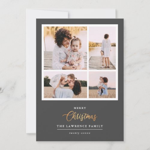 Christmas is Gold  Gray Modern 4 photo COLLAGE Holiday Card