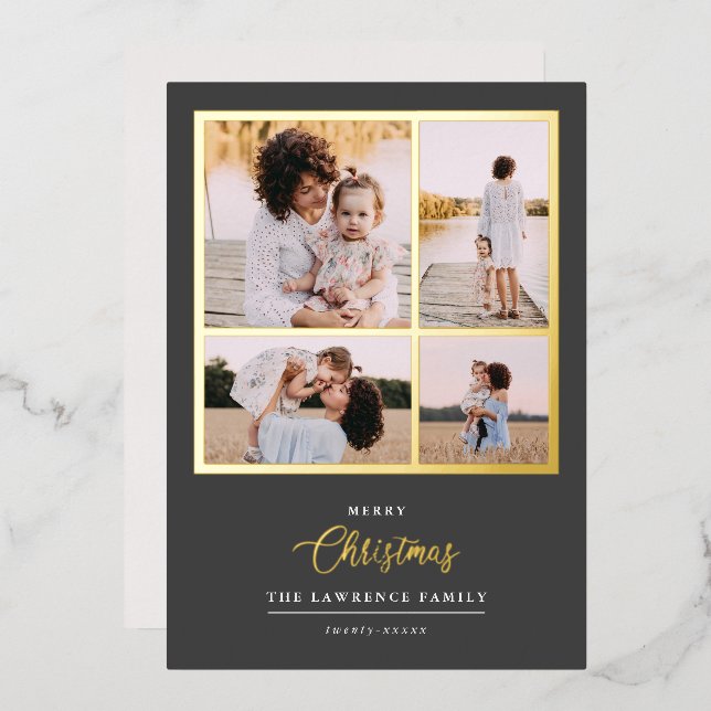 Christmas is Gold | Mint Modern 4 photo holidays  Foil Invitation (Front/Back)