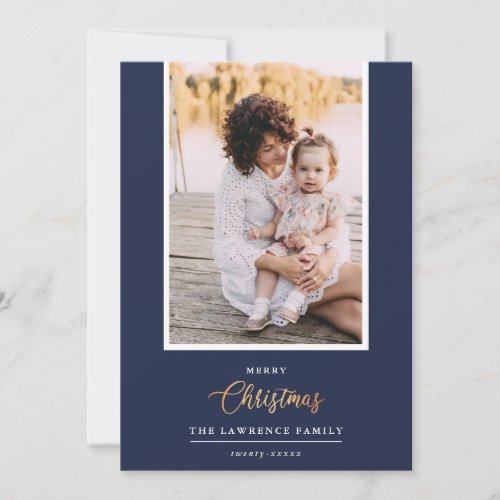 Christmas is Gold  Navy Modern  vertical photo Holiday Card
