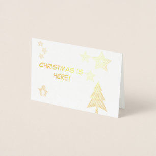 Christmas is here, penguin, tree and stars cute foil card