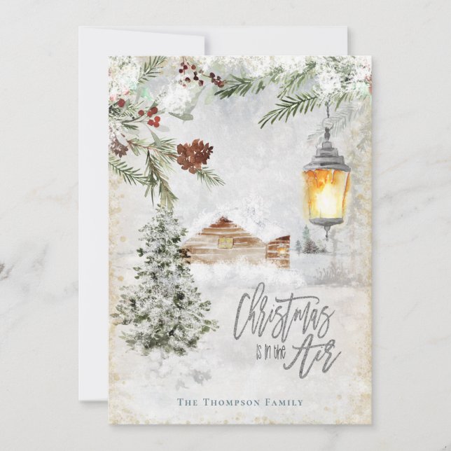 Christmas is in the Air Winter Forest Trees Cabin Holiday Card (Front)