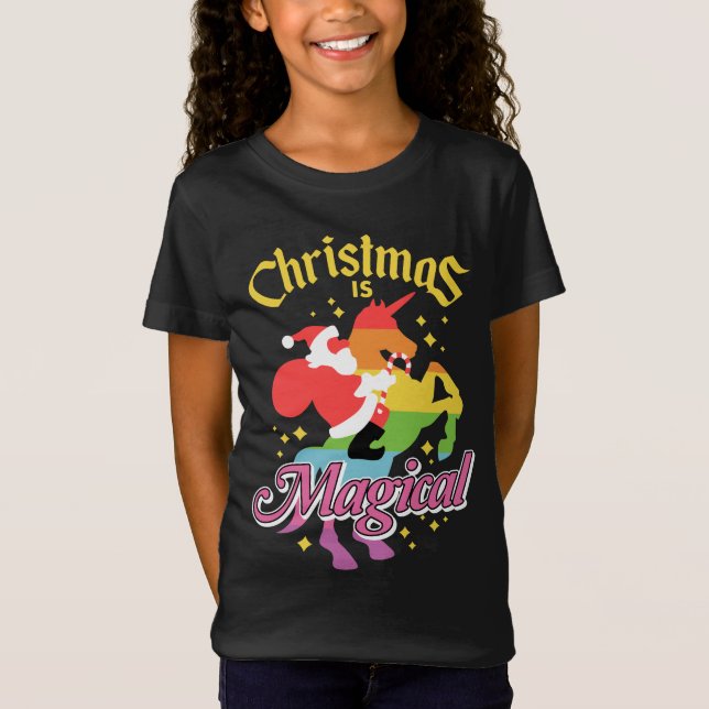 Christmas Is Magical Santa Riding Unicorn Funny T-Shirt (Front)