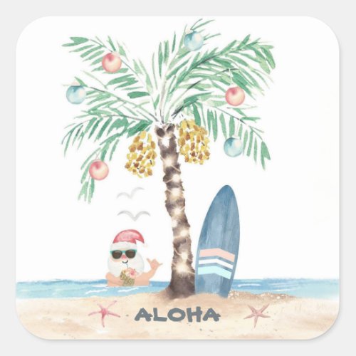 Christmas Island Palm Surf Santa Tropical Beach  Square Sticker