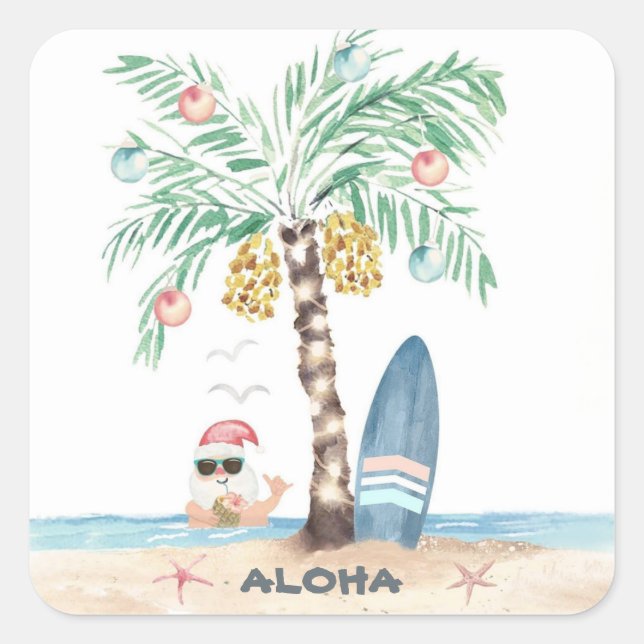 Christmas Island Palm Surf Santa Tropical Beach  Square Sticker (Front)