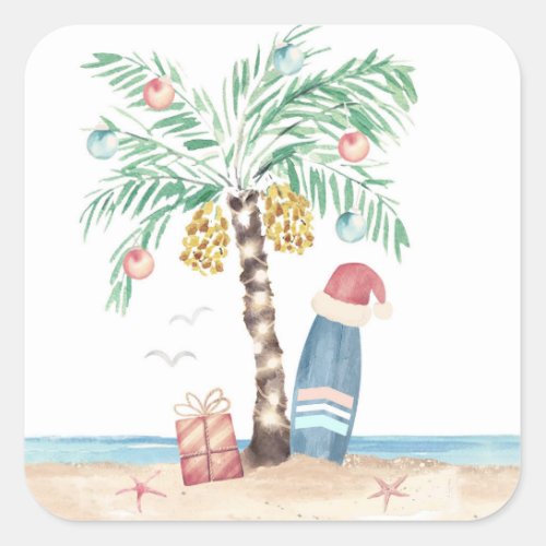 Christmas Island Palm Surf Santa Tropical Beach  Square Sticker