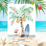 Christmas Island Surf Santa Aloha Tropical Beach Holiday Card<br><div class="desc">Surf theme Christmas card features a palm tree (decorated with ornaments and string lights) on a tropical island with a surfboard,  starfish,  sea birds and Santa swimming in the ocean giving the Aloha sign while enjoying a tropical beverage. Both lines of text can be personalized. Art by KL Stock</div>
