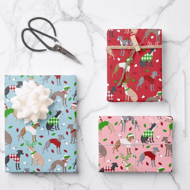 Christmas Italian Greyhound Dog Wrapping Paper Sheets (Front)