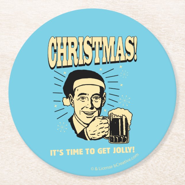 Christmas: It's Time To Get Jolly Round Paper Coaster (Front)