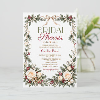 Christmas Ivory Rose Bow Bridal Shower Invitation
