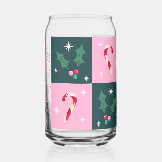 Christmas Ivy, Candy Cane with Stars Checkerboard Can Glass
