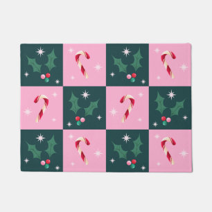 Christmas Ivy, Candy Cane with Stars Checkerboard Doormat
