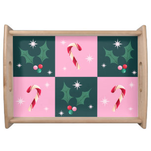 Christmas Ivy, Candy Cane with Stars Checkerboard Serving Tray