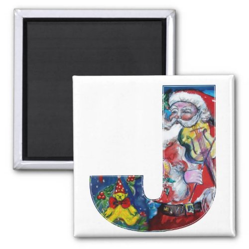 CHRISTMAS J LETTER  SANTA  WITH VIOLIN MONOGRAM MAGNET