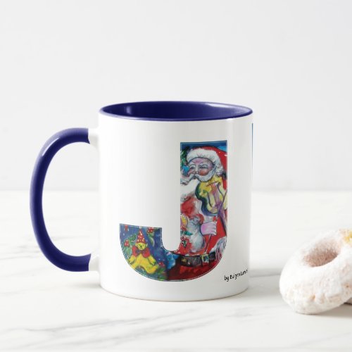 CHRISTMAS J LETTER  SANTA  WITH VIOLIN MONOGRAM MUG