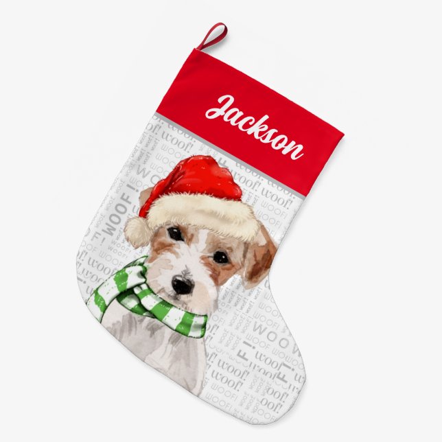 Christmas Jack Russell Terrier with Dog's Name Large Christmas Stocking (Front (Hanging))
