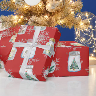 Christmas Jars and Snowflakes Red Wrapping Paper