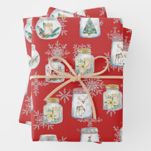 Christmas Jars and Snowflakes Red Wrapping Paper Sheets