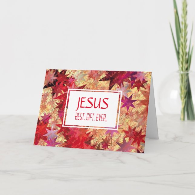 Christmas JESUS BEST GIFT EVER Red Pink Stars Holiday Card (Front)