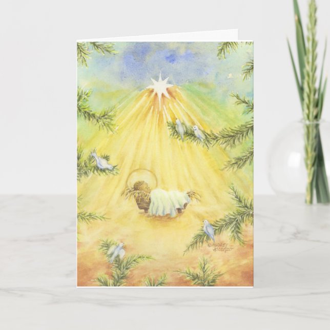 Christmas Jesus In Manger With Doves Greeting Card (Front)